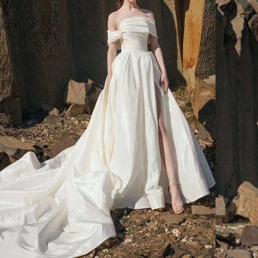One-shoulder high-length long tail wedding dress