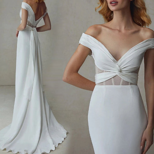 Off shoulder vintage white plain satin open-back small trailing wedding dress