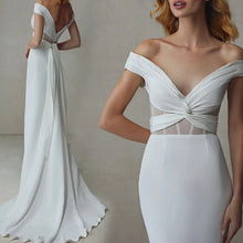 Load image into Gallery viewer, Off shoulder vintage white plain satin open-back small trailing wedding dress
