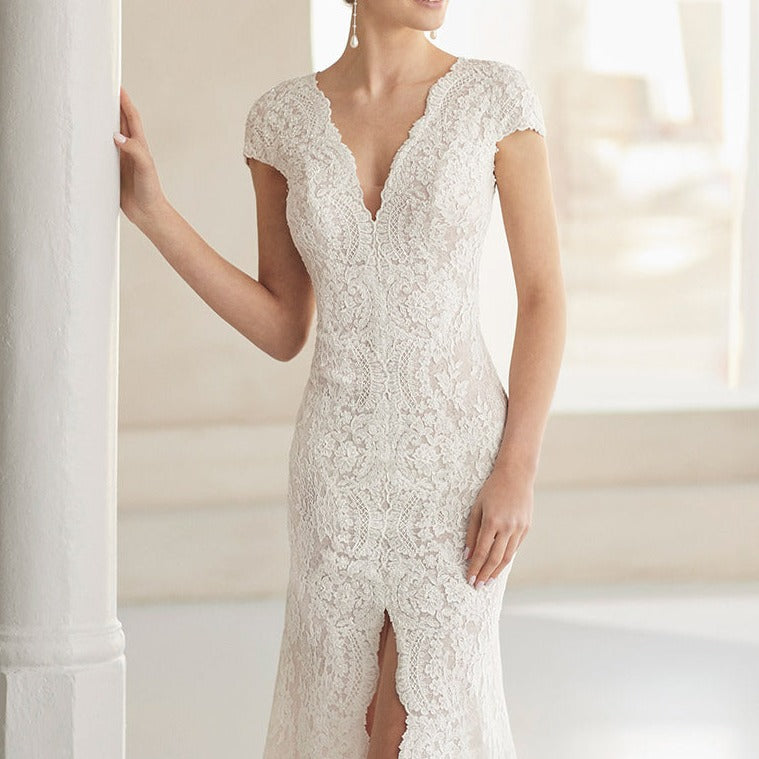 Silk Short Sleeve Front Slit Trailing Wedding Dress