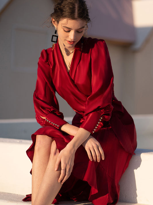 Women's red satin new design sense evening dress