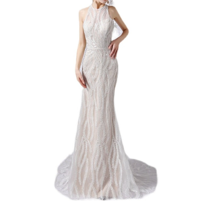 New hanging neck waist fishtail slim lace wedding dress