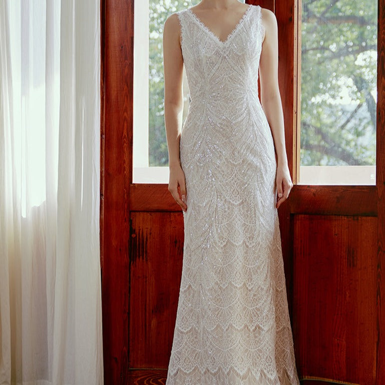 V-neck waist mermaid beaded lace light wedding dress