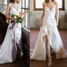 Load image into Gallery viewer, V-strap front slit plain satin open-back wedding dress
