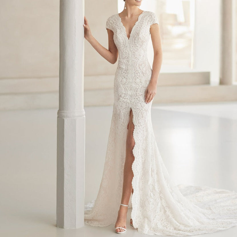 Silk Short Sleeve Front Slit Trailing Wedding Dress