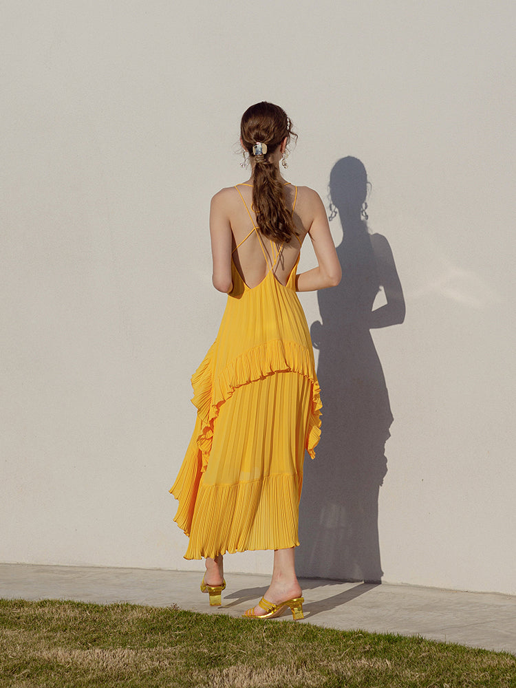 Yellow V-Neck Irregular Pleated Sexy Sling Dress