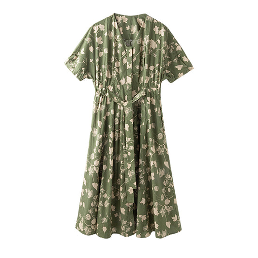 Vintage High Waist V-Neck Teal Cotton French Print Short Sleeve Dress