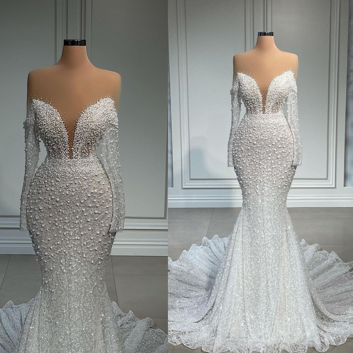 Women Wedding Dress Illusion Beads Bridal Gowns Custom Made