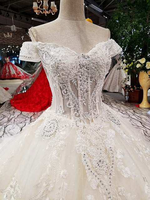 ball gown wedding dresses off shoulder sweetheart  lace up wedding dress with long train from china 100% real as photos - LiveTrendsX