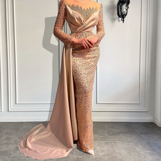 Long Sleeve Women Mermaid Satin Formal Evening Party Gowns