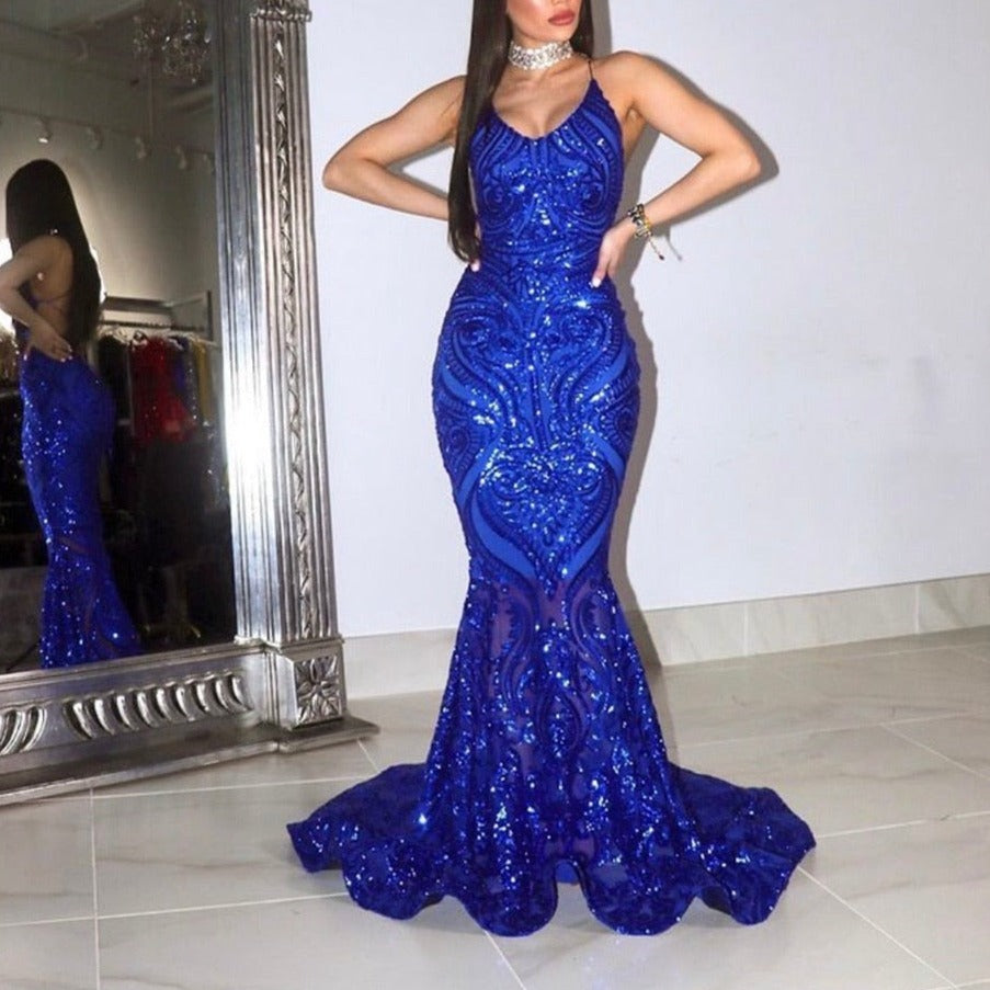 Sexy Mermaid See Through Sparkly Sequin Royal Girls Backless Prom Gowns