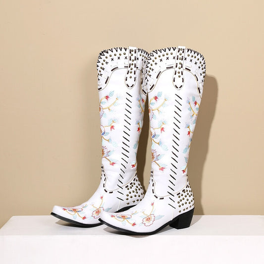 Embroidered Metal Studs Color block Women's Knee Boots