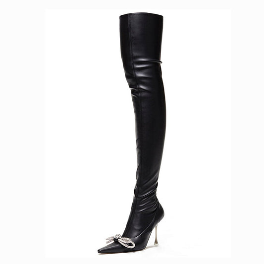 Women Zipper Thin High Heel Large Size Bow Rhinestone Chain Stretch Boots