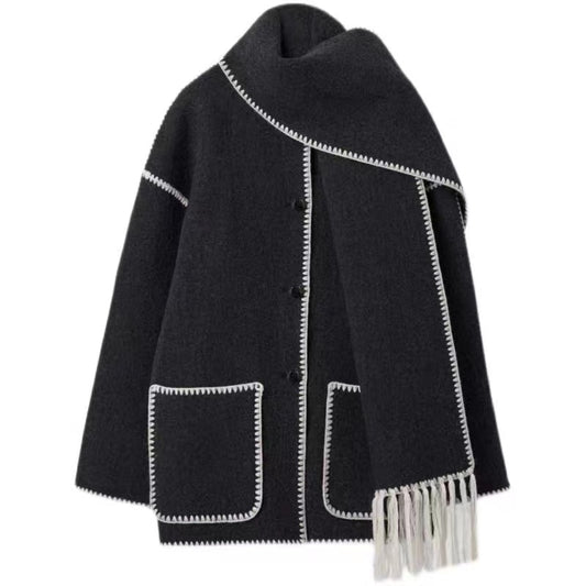 Women Coat Wool Polyester Single Breasted Oversize Casual Scarf Collar