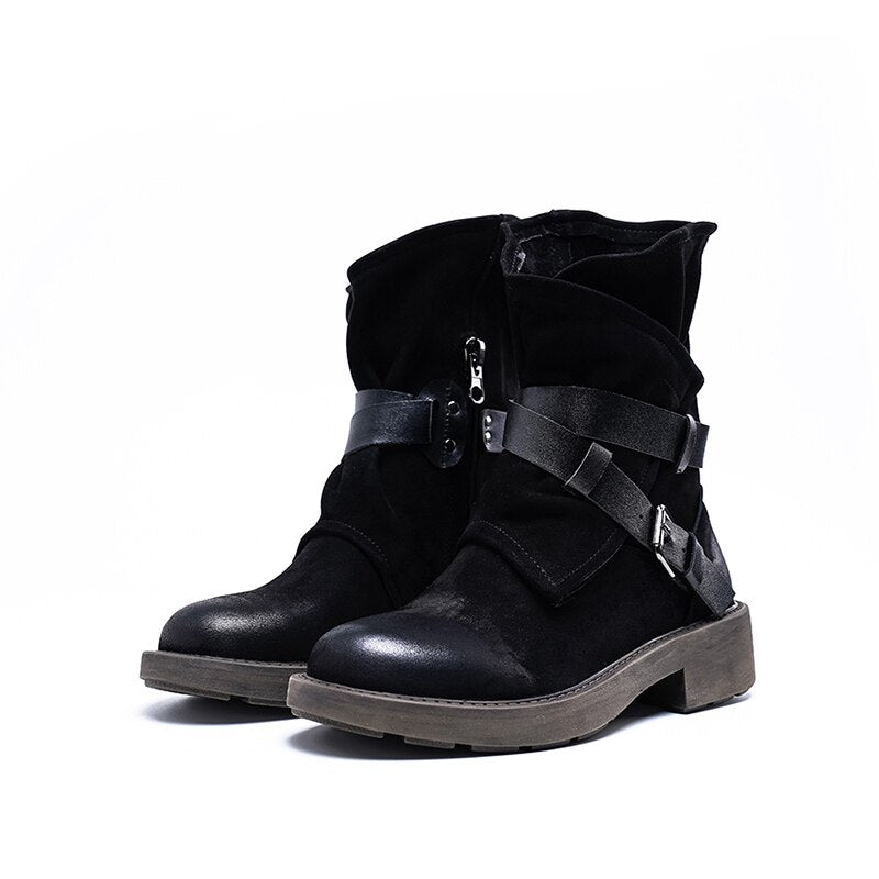Women ankle boots natural leather plus size vintage belt buckle motorcycle boots