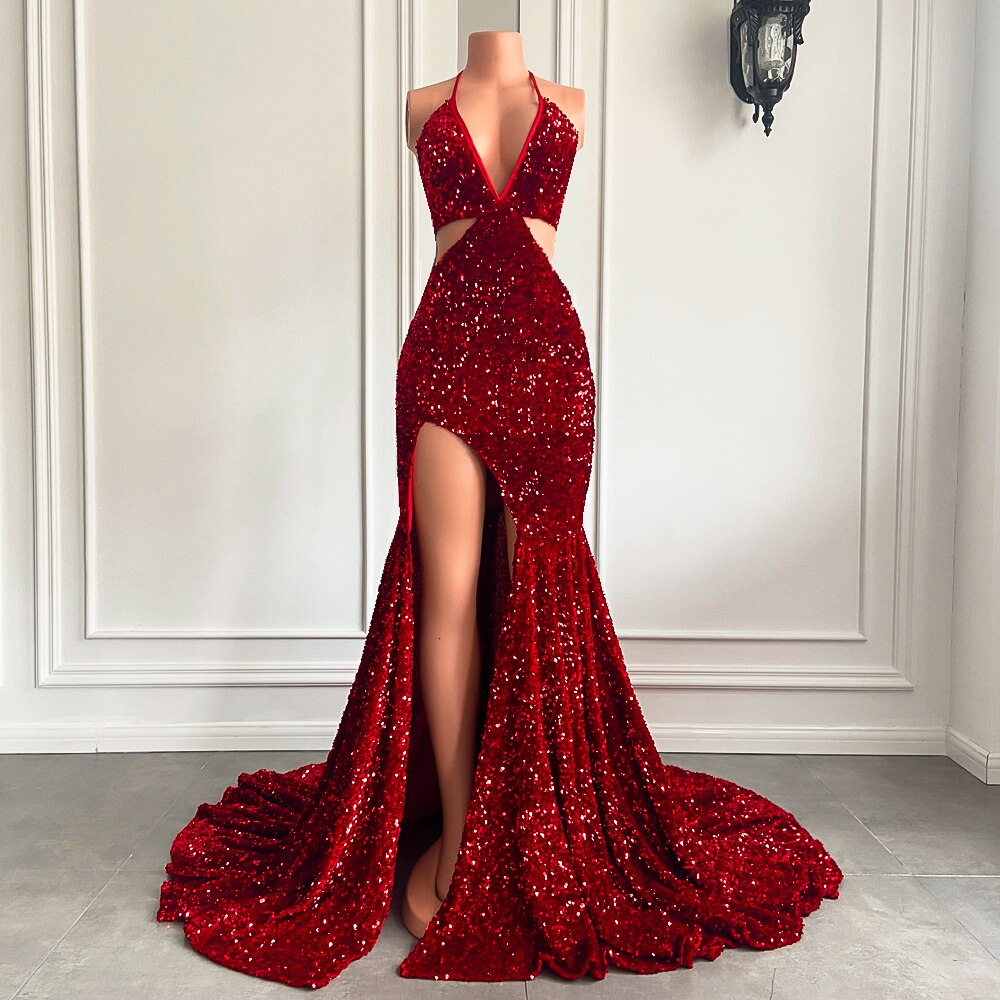 Mermaid High Slit Halter Sparkly Red Sequin Girls Prom Gala Party Gowns