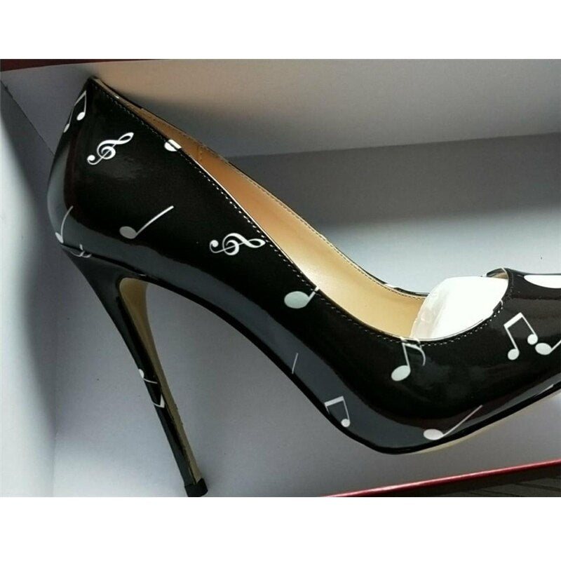 Black White Music Notation 12cm High Heels Woman Pumps