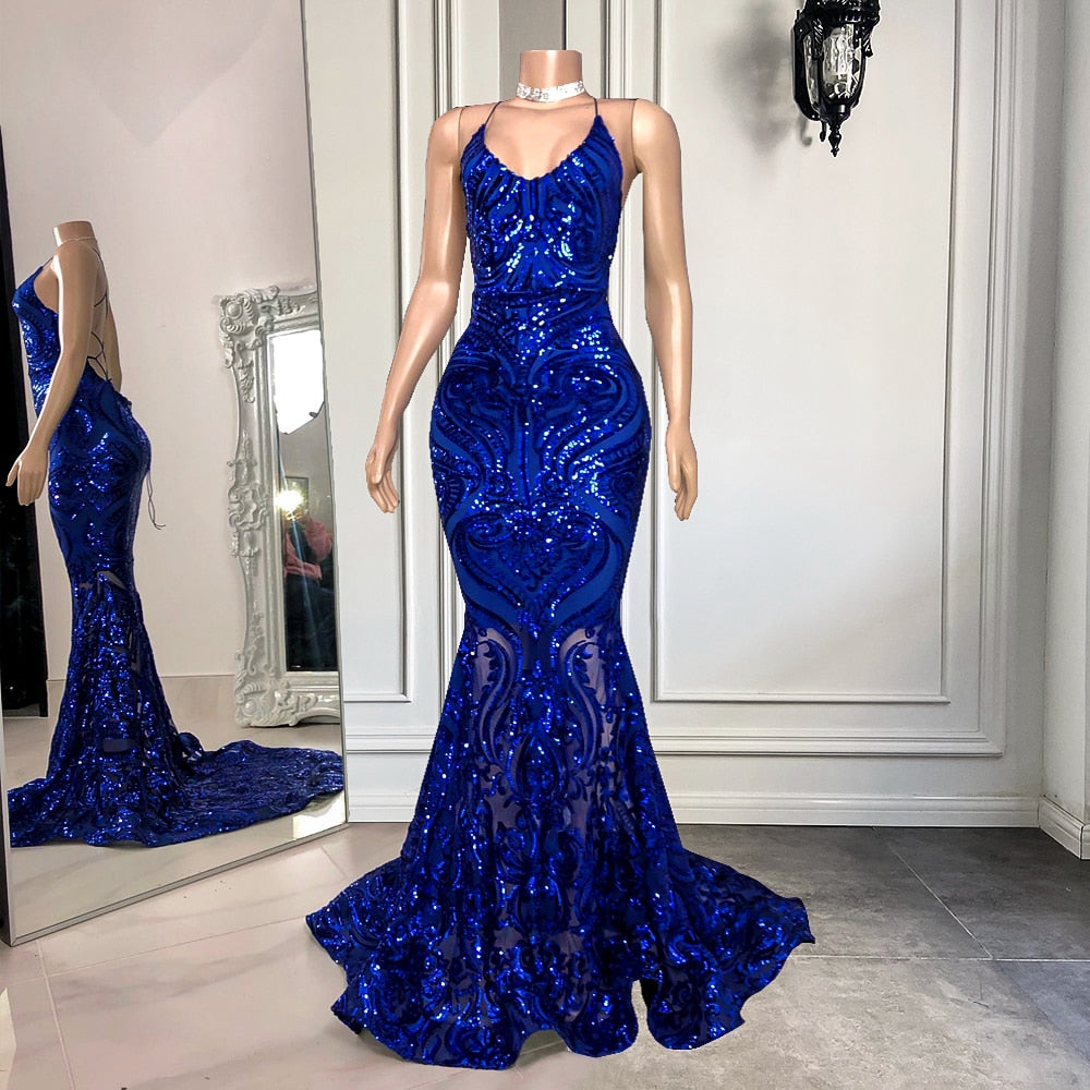Sexy Mermaid See Through Sparkly Sequin Royal Girls Backless Prom Gowns