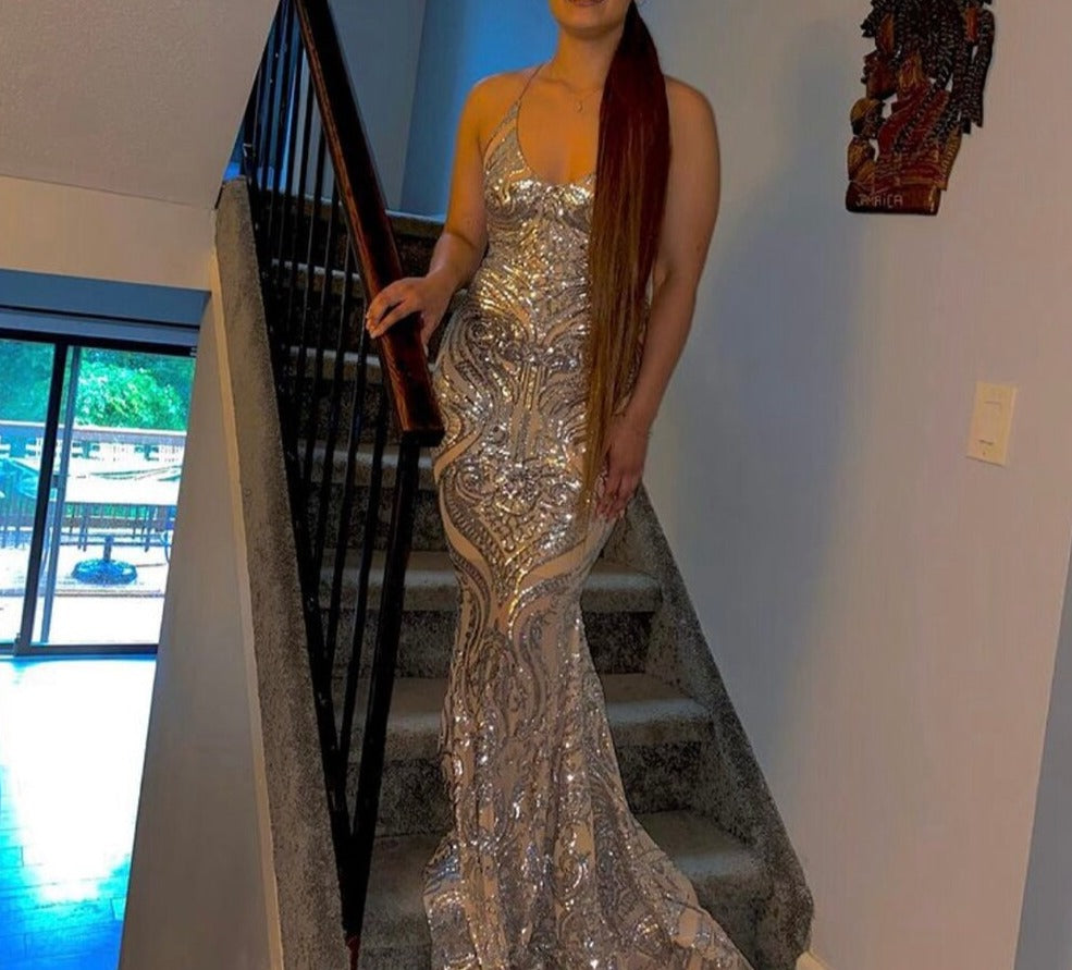V-neck Open Back Mermaid Gala Silver Sequin Long Prom Dresses