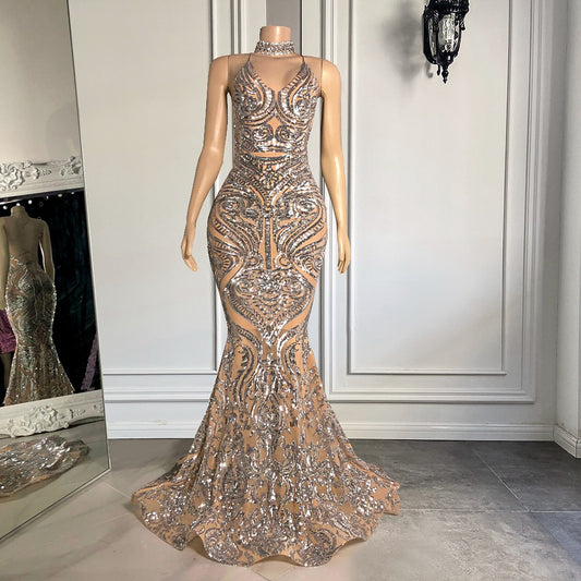 V-neck Open Back Mermaid Gala Silver Sequin Long Prom Dresses