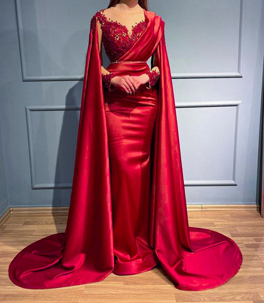 Mermaid Style Dubai Women Red Satin Formal Evening Party Gowns