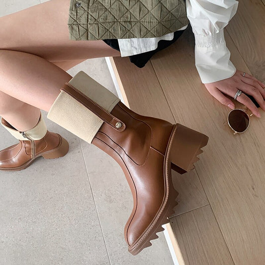 Women mid-calf boots natural leather cowhide patent retro boots
