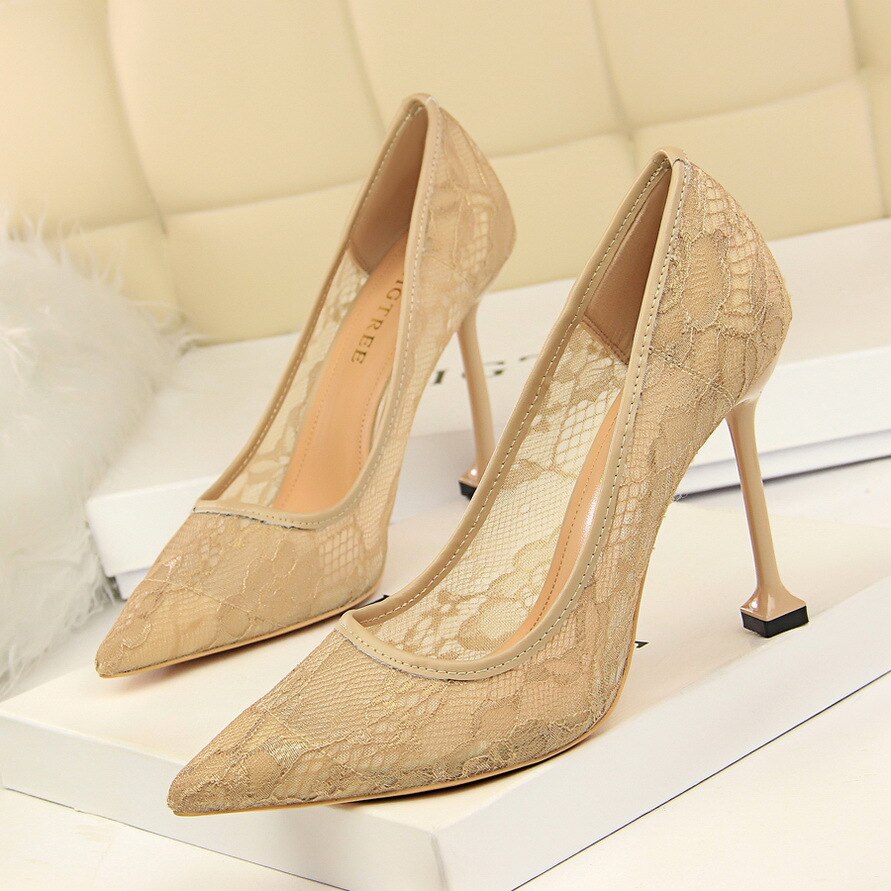 Lace Hollow Mesh Slim Shallow Pointed High Heel Shoes
