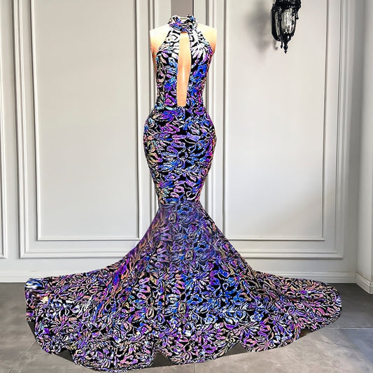 Mermaid Style Backless Velvet Sequin Girls Prom Gala Gowns For Party