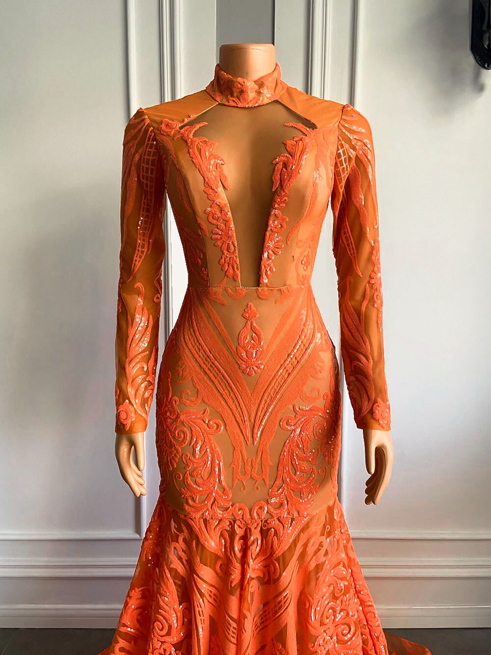 Long Sleeve Orange Sequin Girls Mermaid Real Prom Gala Party Gowns