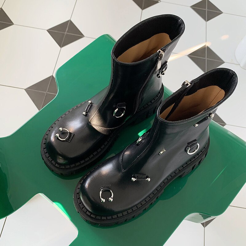 Women cowhide modern boots metal ring platform boots side zip