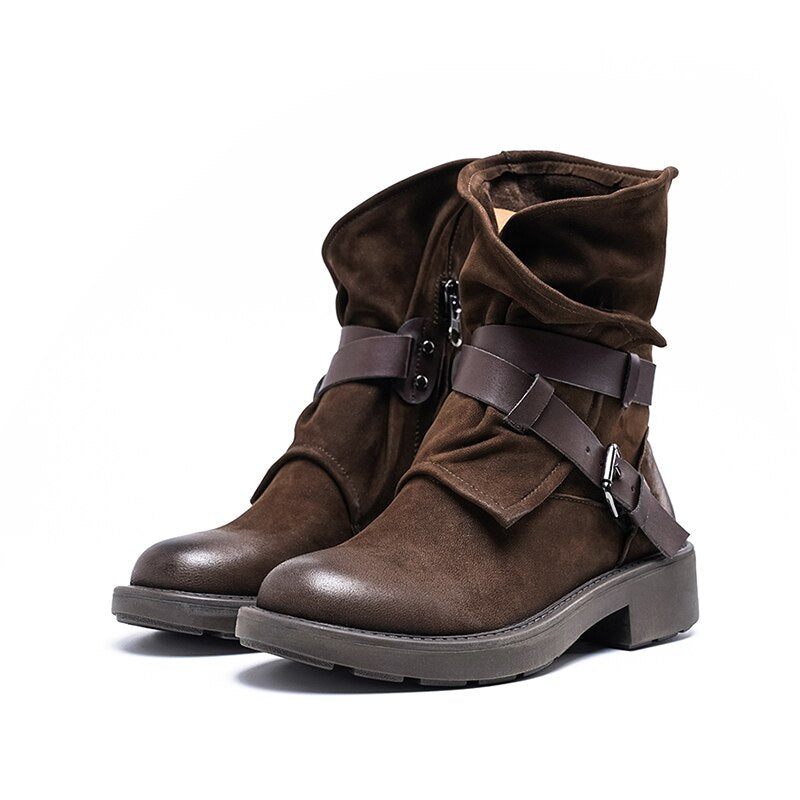 Women ankle boots natural leather plus size vintage belt buckle motorcycle boots