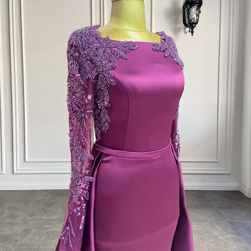 Mermaid Style Luxury Beaded Purple Satin Women Formal Evening Gowns