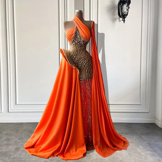 See Through  Crystals Sparkly Orange Women Long Evening Dresses