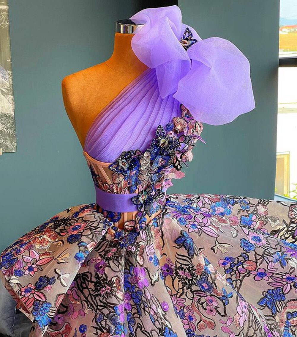 One Shoulder Vintage Lace Flowers Dubai Women Formal Party Evening Gowns