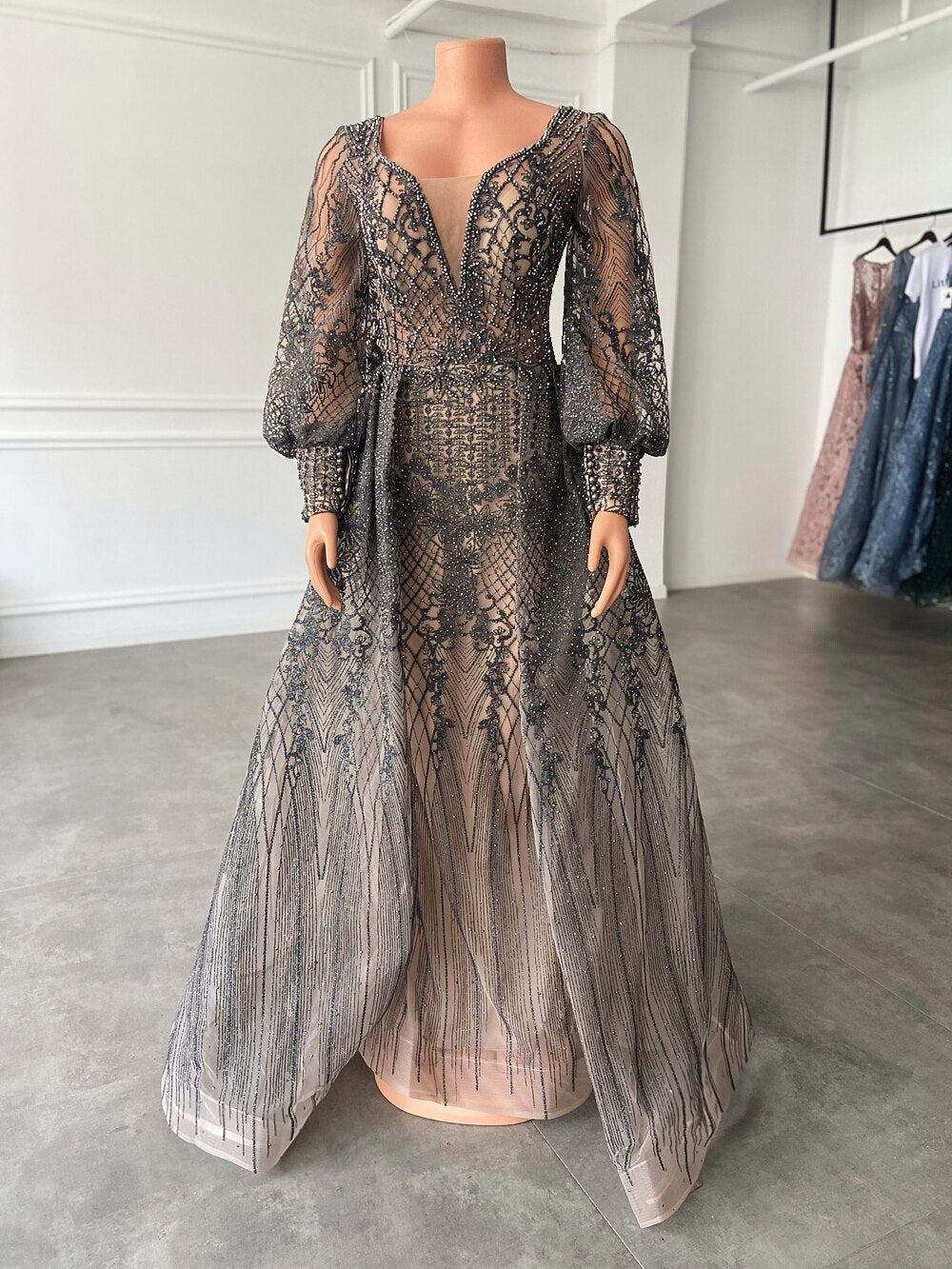 Puffy Long Sleeve Women Beaded Lace Formal Evening Party Gowns