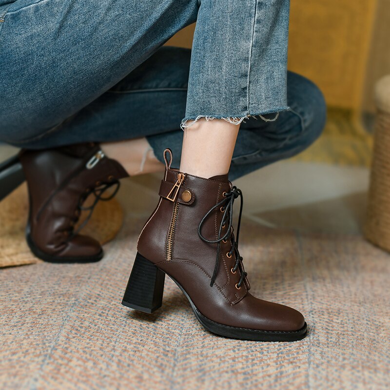 Women vintage cowhide chunky heels platform boots Knight boots