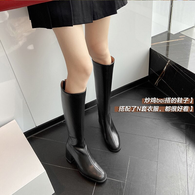 Autumn and winter Women knee-high Back zip chunky heel knight boots