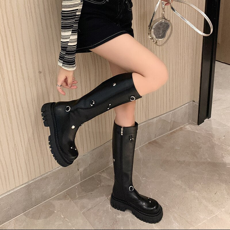 Women knee-high boots natural leather cowhide metal ring platform boots