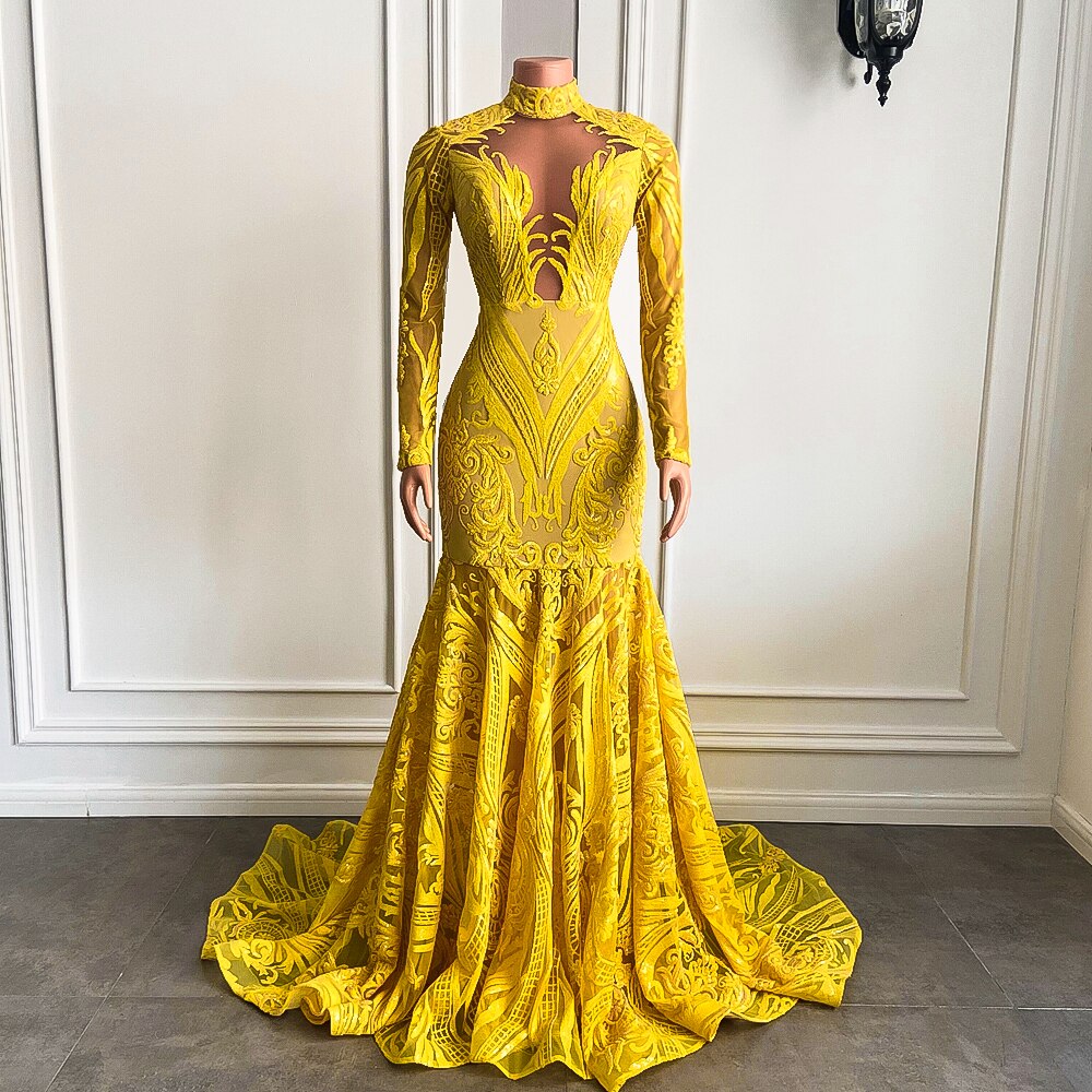 Mermaid Style Long Sleeve High Neck Yellow Sequin Long Prom Dresses