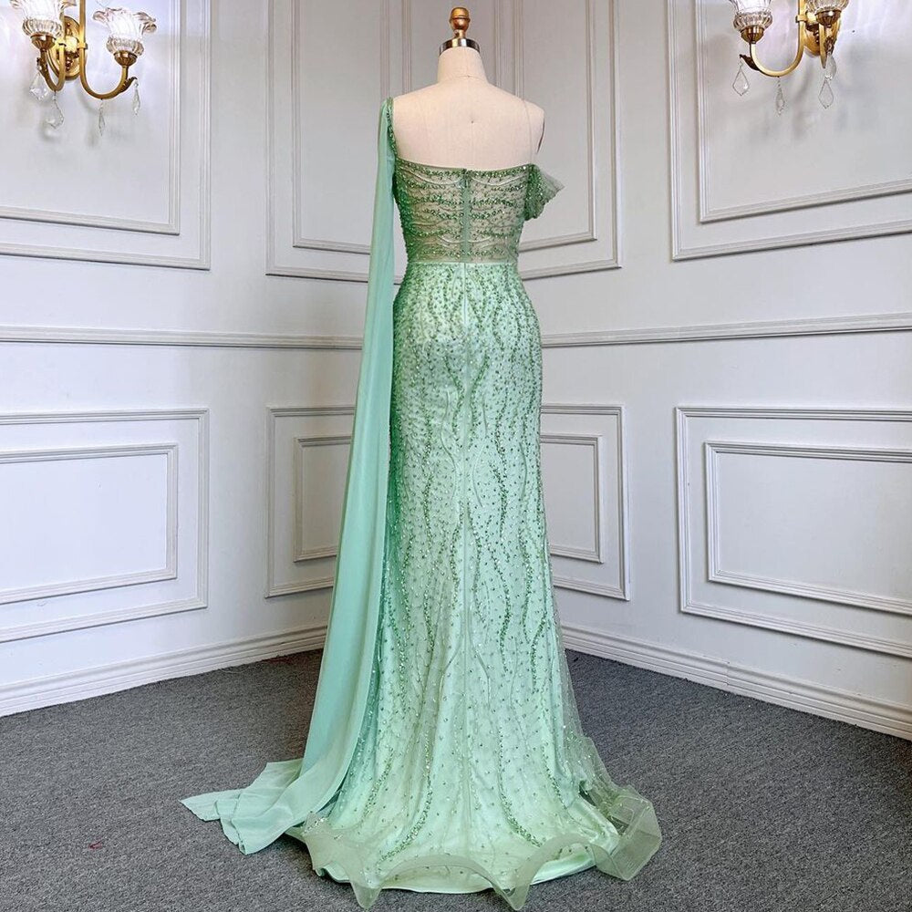 Beaded One Shoulder Mint Mermaid Luxury Evening Dresses Gowns Elegant