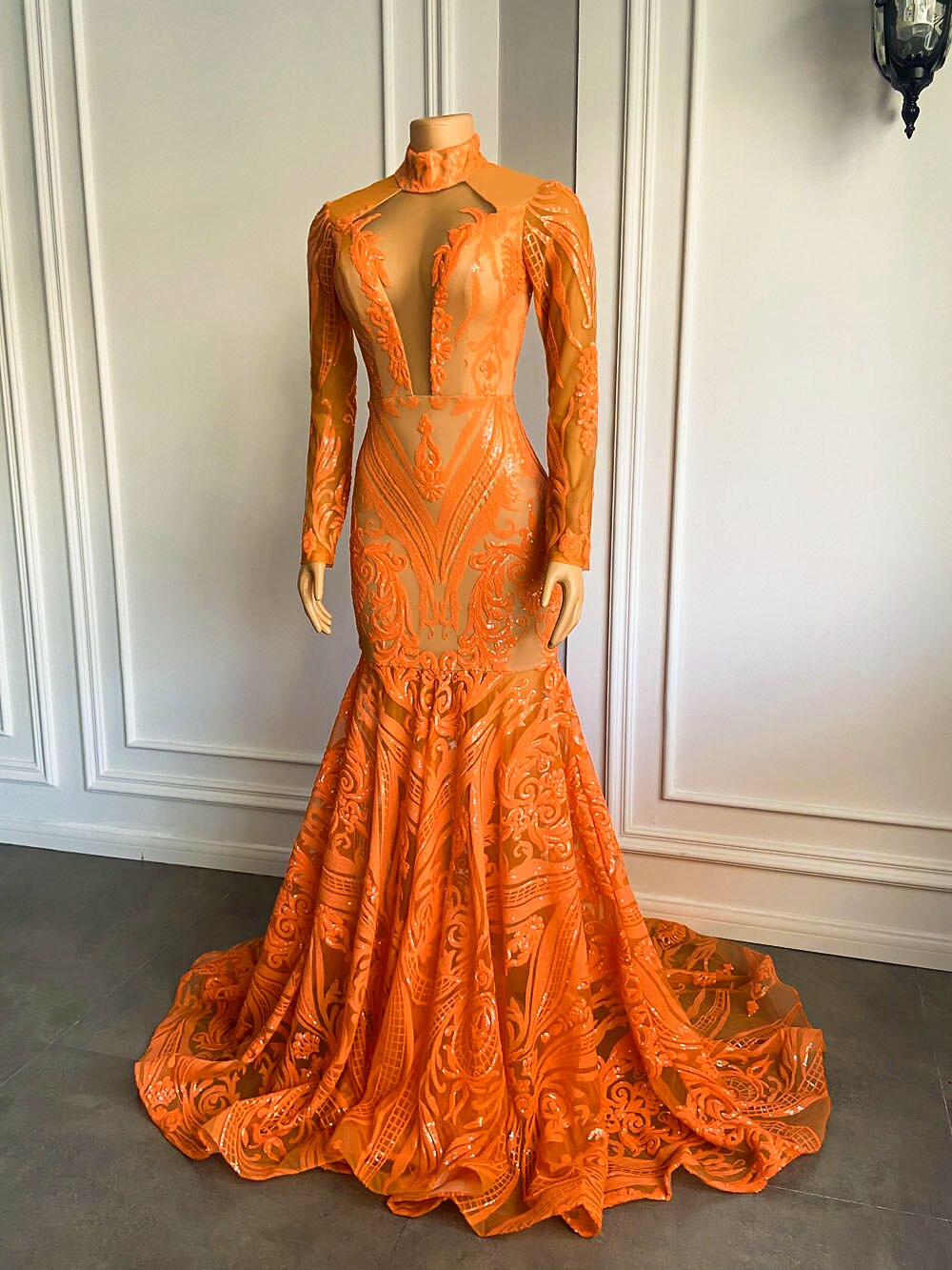 Long Sleeve Orange Sequin Girls Mermaid Real Prom Gala Party Gowns