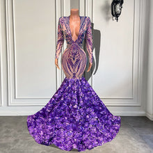 Load image into Gallery viewer, V-neck Sparkly Sequined Black Girls Mermaid Fitted Lavender Prom Gowns
