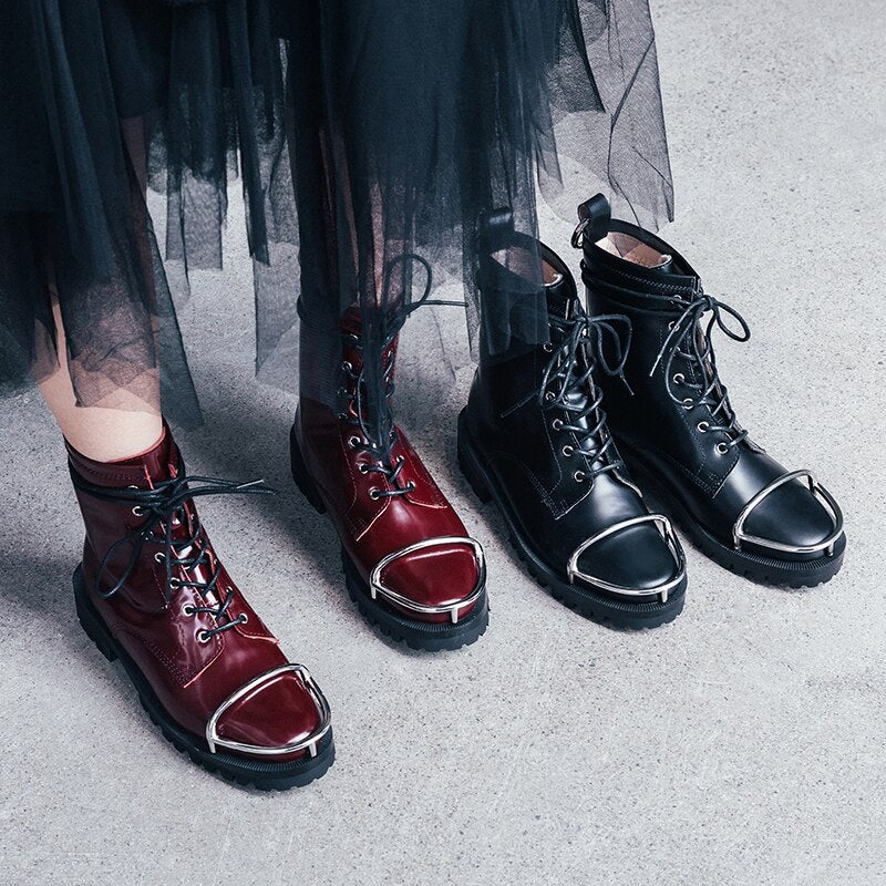 Women cowhide lace up round toe Metal decoration platform boots
