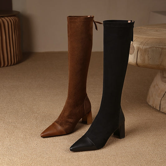 Women Knee-high boots natural leather cowhide back zip elastic boots