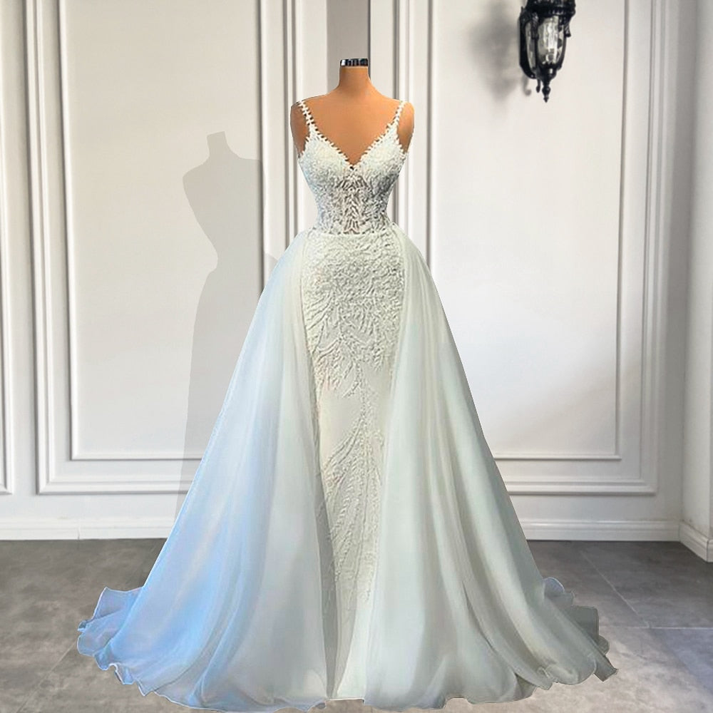 Vintage V-neck Beaded Lace Bridal Wedding Gowns Detachable Train