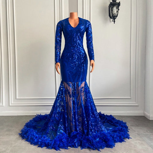 Feather Royal Blue Sequined Feather Prom Gala Party Gowns