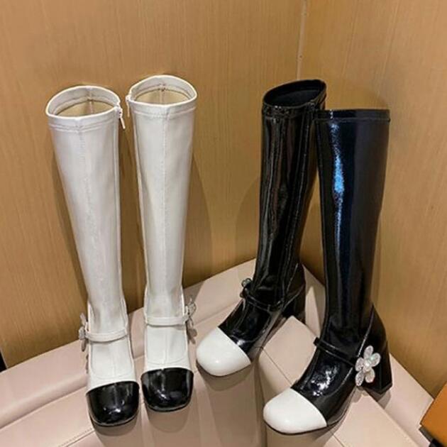 Pearl Studs Flower Side Patchwork Square Toe Knee Boots