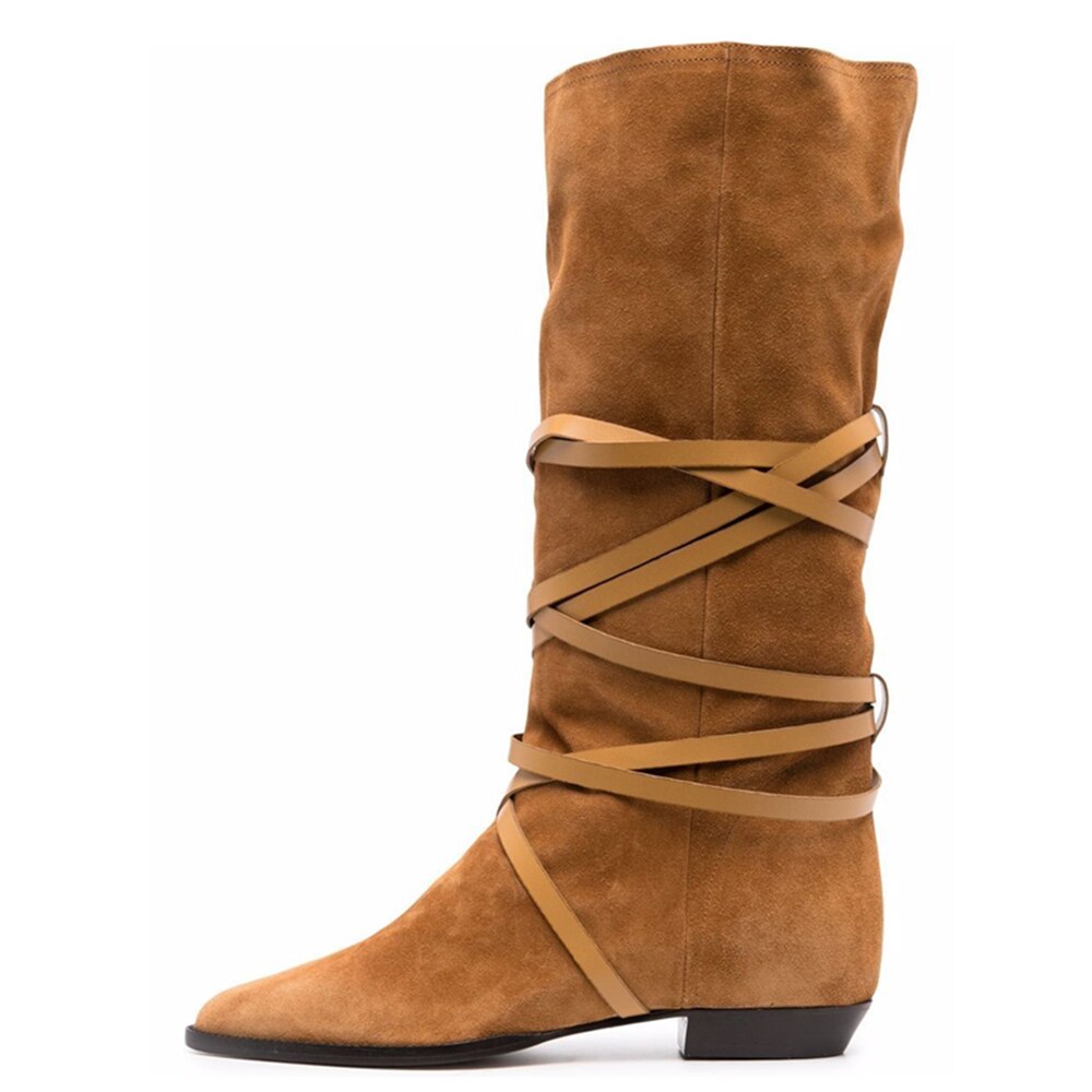 Autumn Winter Women Suede Lace-Up Boots Cross-Tied Flat Mid-Calf