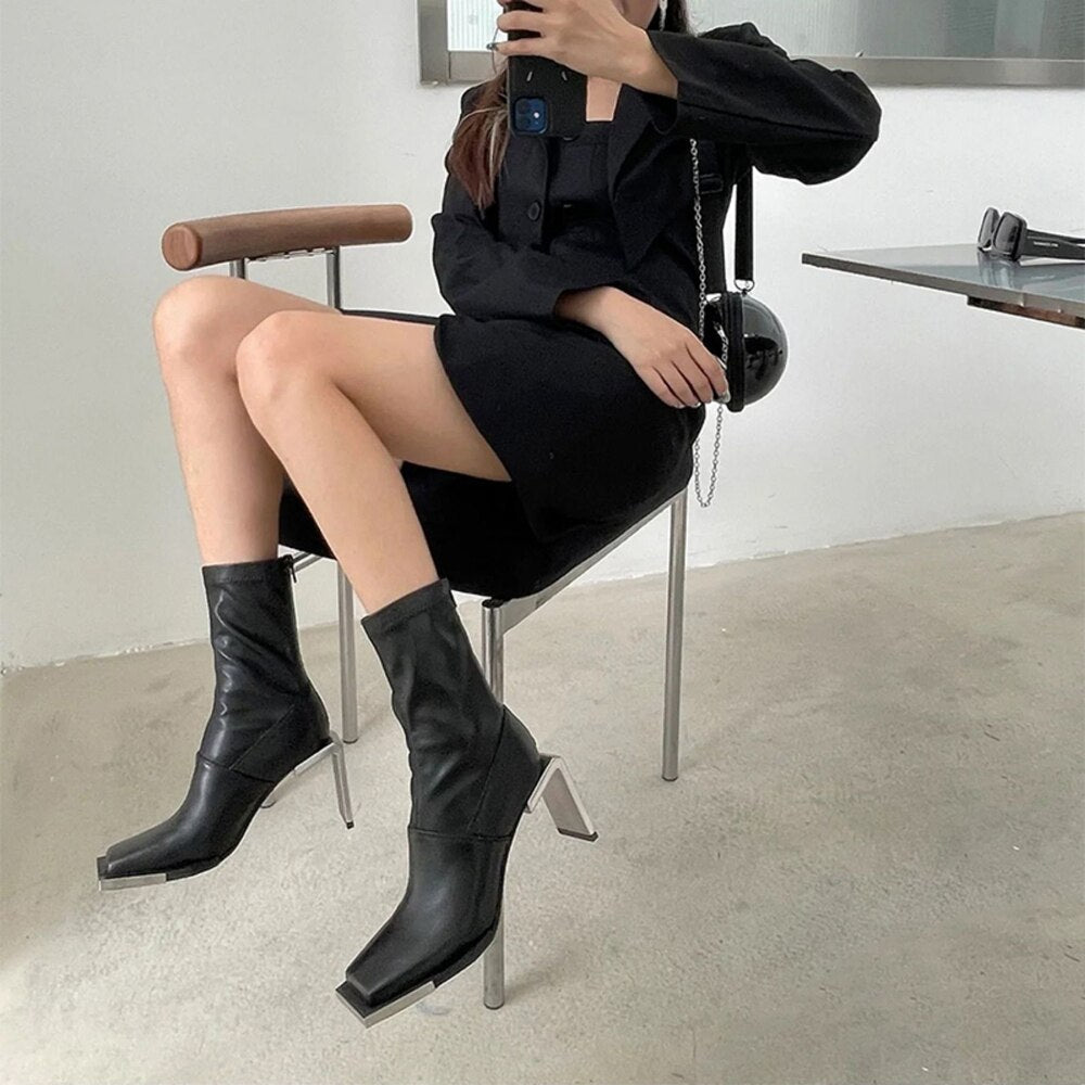 Square Toe Metal Strange Style Boots High Heels Ankle Black Booties