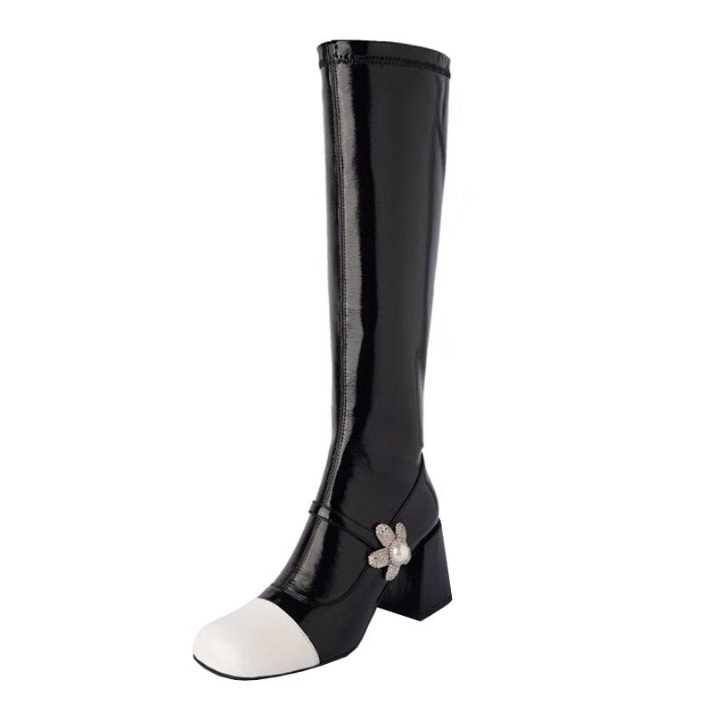 Pearl Studs Flower Side Patchwork Square Toe Knee Boots